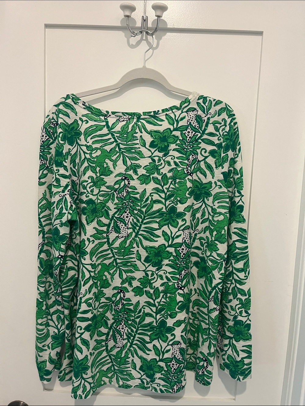 Lilly Pulitzer Green and White Botanical Long-Sleeve Top w/black&white leopards